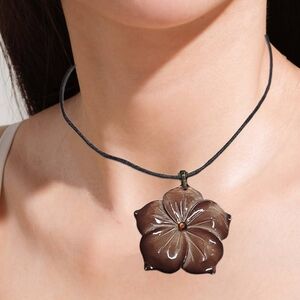 Brown Glass Flower Pendant Necklace with Pink Rhinestone on Brown Cord | NWOT